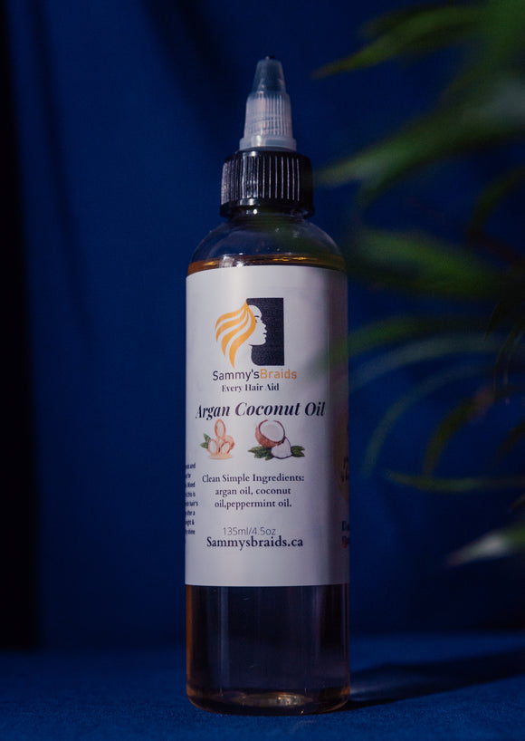 Argan and coconut oil in a 135ml bottle. This oil mixture I'd great for moisturizing rhe hair and prevents flaking and dandruff 